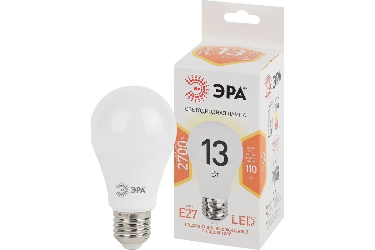 Лампа светодиодная ЭРА STD LED A60-13W-827-E27 13Вт груша теплый белый свет Е27