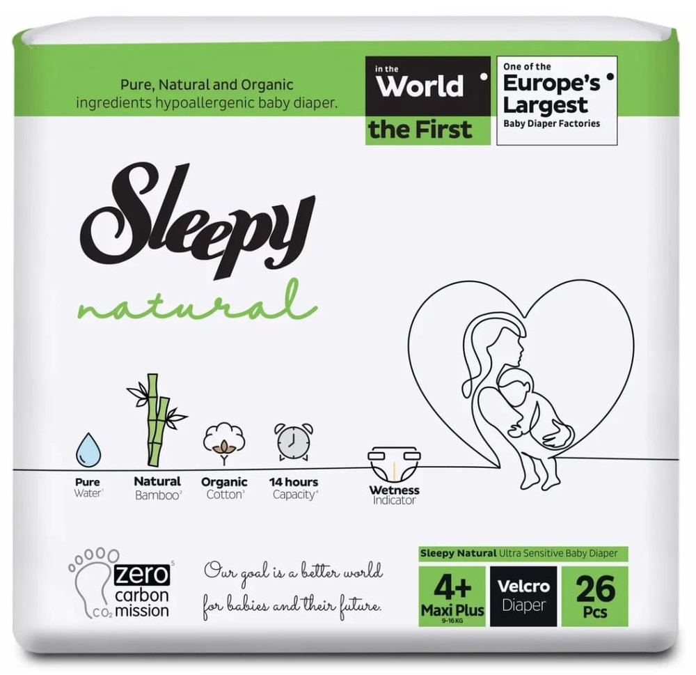 Подгузники для детей Sleepy Слипи Натурал Double Jumbo Pack Maxi Plus-52 р.4+ (9-16 кг.)*1/4
