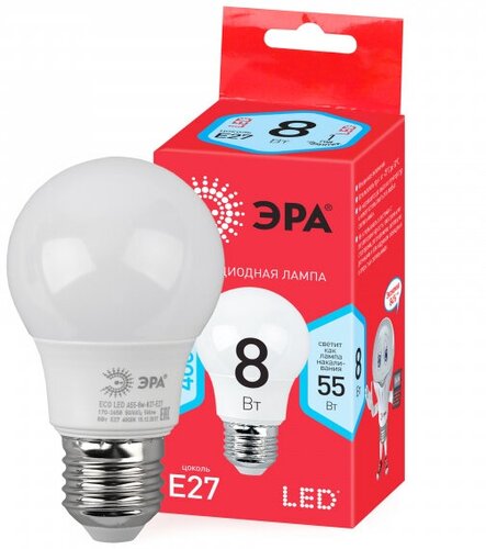 Лампа светодиодная ЭРА RED LINE LED A55-8W-840-E27 R 8Вт груша нейтральный белый свет Е27
